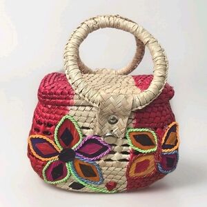 Mexican Multicolor Straw Handbag Purse Palm Folk Art Handmade